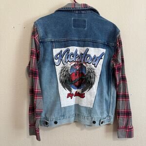 Upcycled Denim Trucker Jacket with Motley Crue Graphic & Flannel Sleeves Size S